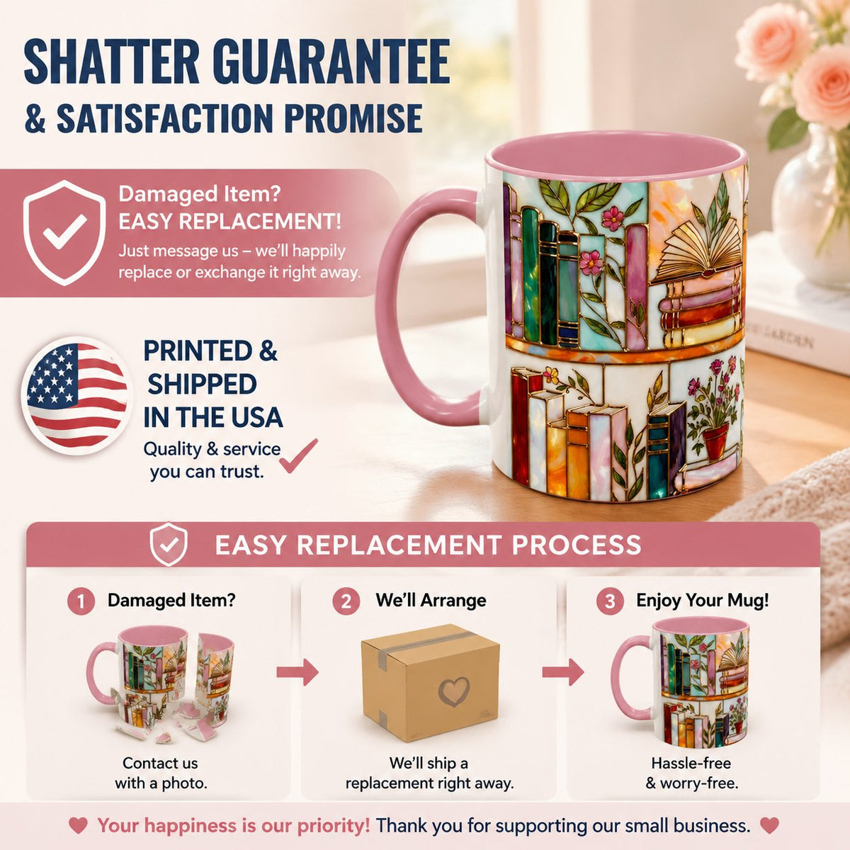 ☕📚Stained-Glass Ceramic Mug- Book Lover Gift, Floral Bookshelf Mug, Coffee & Tea Cup🌈