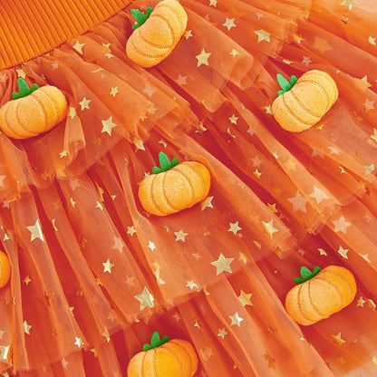 Baby Girls Halloween Pumpkin Ghost Tulle Dress – 3D Stuffed Pumpkin Tiered Princess Dress, Flying Sleeve Toddler Halloween Party Costume (12M–6Y)