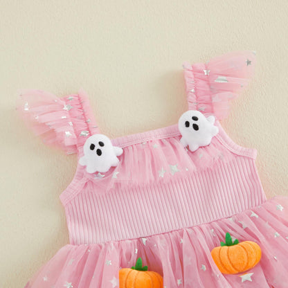 Baby Girls Halloween Pumpkin Ghost Tulle Dress – 3D Stuffed Pumpkin Tiered Princess Dress, Flying Sleeve Toddler Halloween Party Costume (12M–6Y)