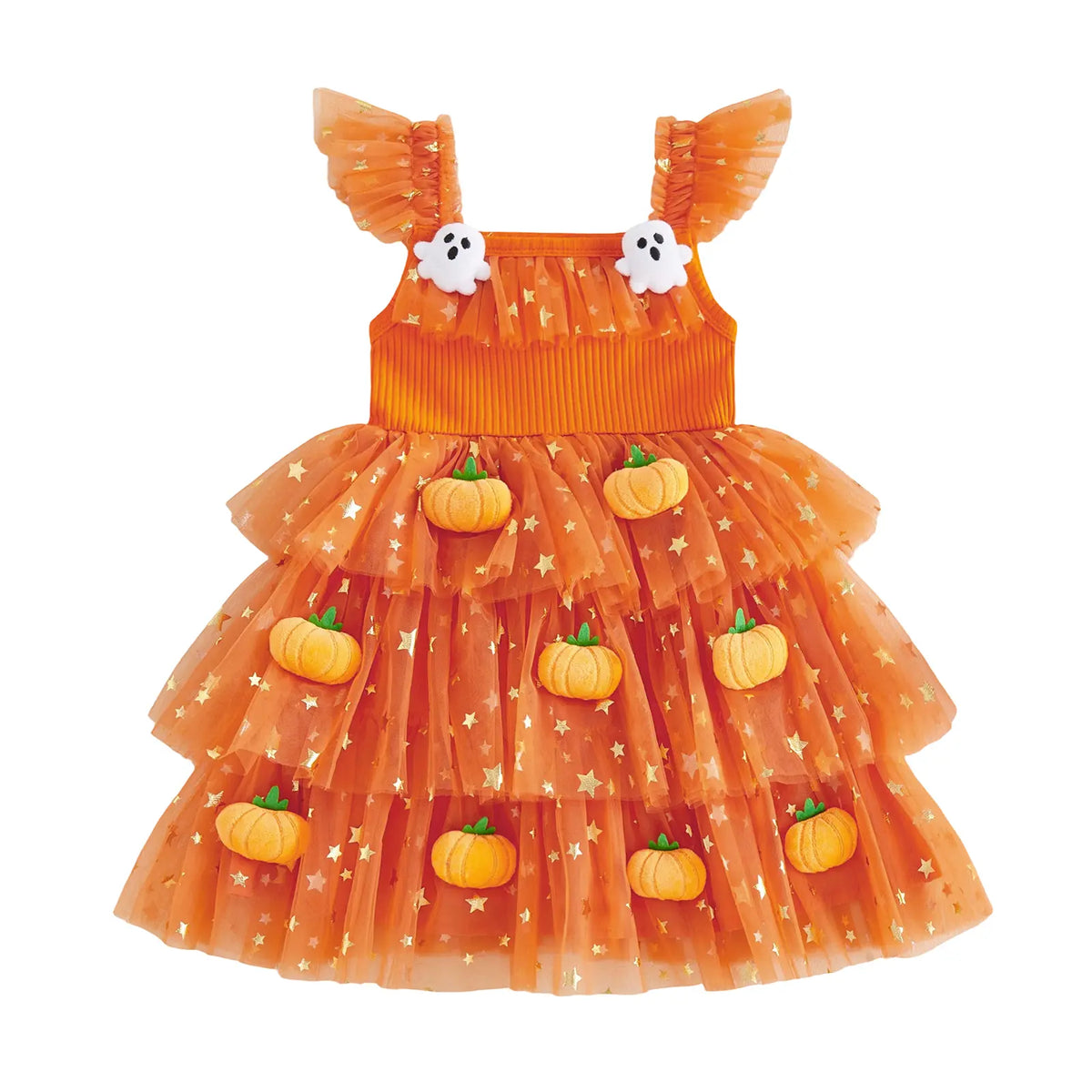 Baby Girls Halloween Pumpkin Ghost Tulle Dress – 3D Stuffed Pumpkin Tiered Princess Dress, Flying Sleeve Toddler Halloween Party Costume (12M–6Y)