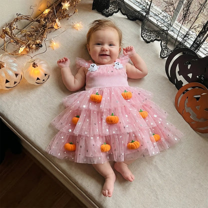 Baby Girls Halloween Pumpkin Ghost Tulle Dress – 3D Stuffed Pumpkin Tiered Princess Dress, Flying Sleeve Toddler Halloween Party Costume (12M–6Y)