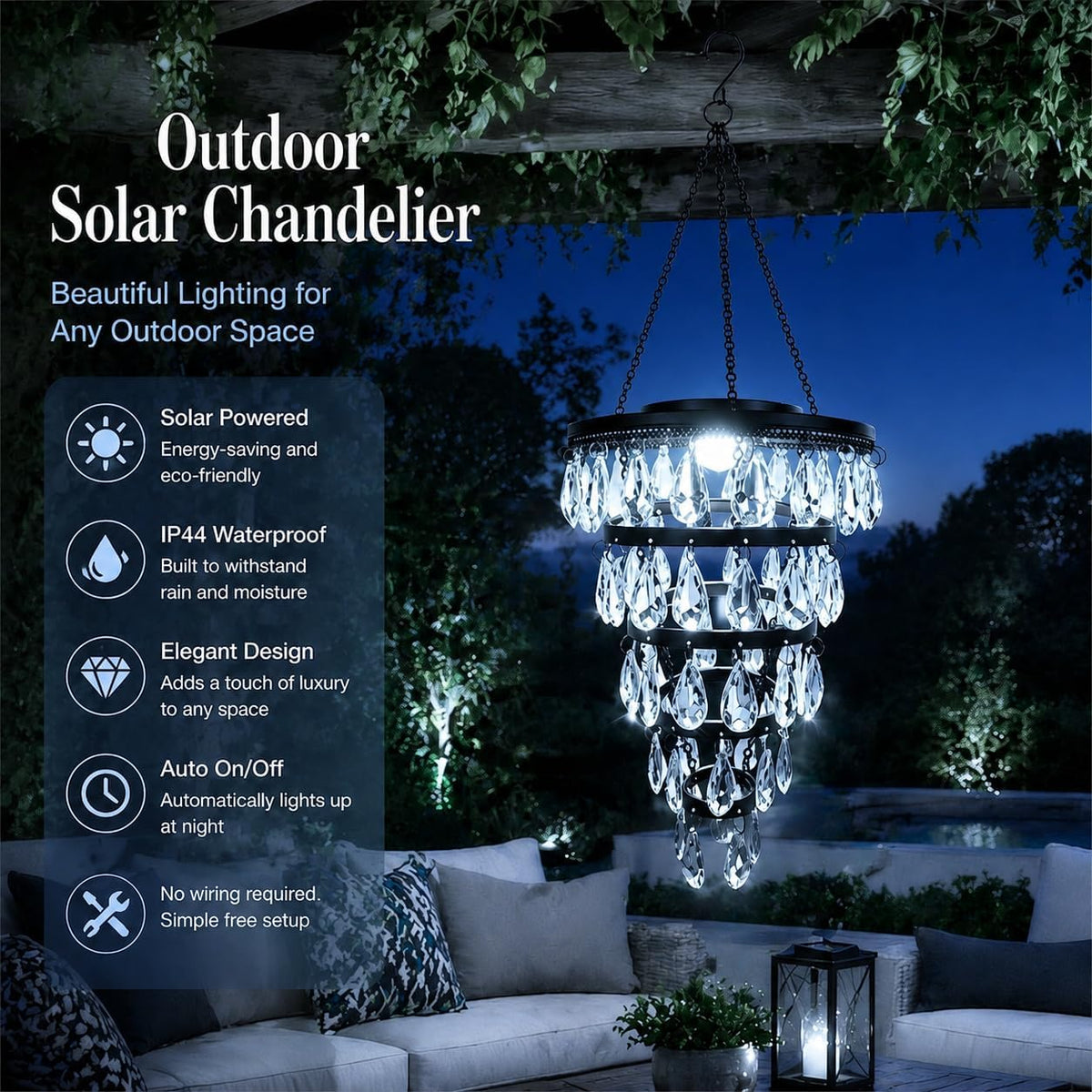 Vintage Solar Acrylic Crystal Chandelier – Outdoor Hanging Solar Light for Garden & Patio