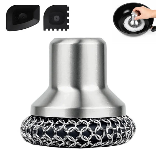 Ultimate Cast Iron Chainmail Scrubber Set with Ergonomic Handle & 2 Pan Scrapers