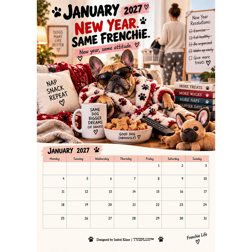 TYIIGOODS™ 2027 French Bulldog Calendar – Funny Frenchie Wall Calendar, 12-Month Dog Calendar for French Bulldog Lovers