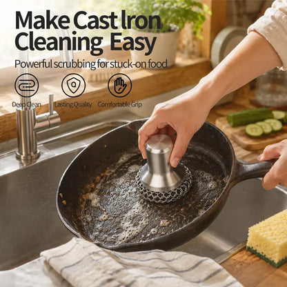 Ultimate Cast Iron Chainmail Scrubber Set with Ergonomic Handle & 2 Pan Scrapers