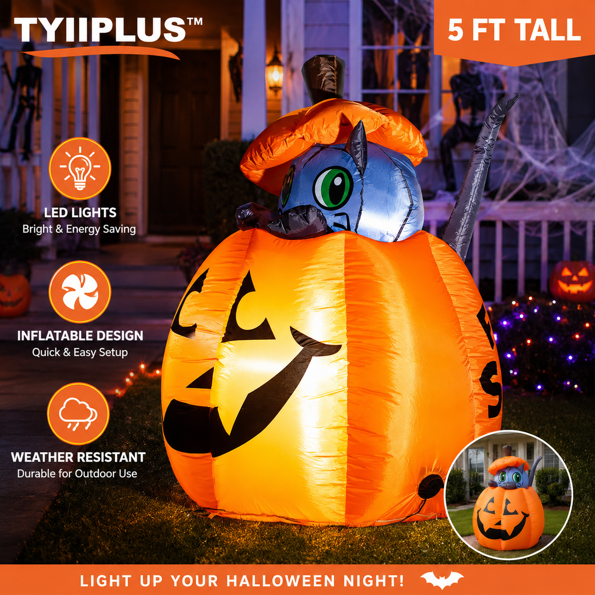 TYIIPLUS™ 5FT Animated Halloween Inflatable Cat in Pumpkin with LED Lights – Waterproof Outdoor Yard Decoration