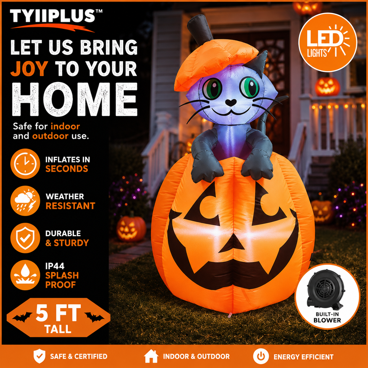 TYIIPLUS™ 5FT Animated Halloween Inflatable Cat in Pumpkin with LED Lights – Waterproof Outdoor Yard Decoration