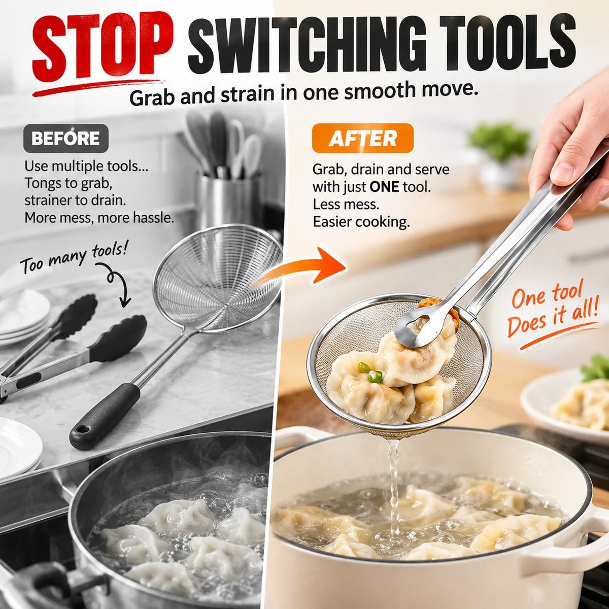 Tyiigoods™ 2-in-1 Stainless Steel Strainer Tongs – Grab, Drain & Serve with One Tool