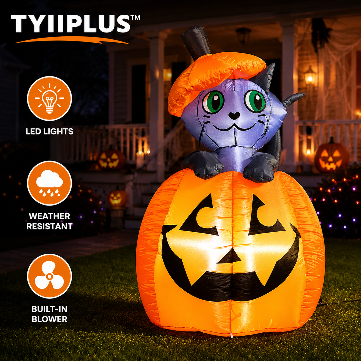 TYIIPLUS™ 5FT Animated Halloween Inflatable Cat in Pumpkin with LED Lights – Waterproof Outdoor Yard Decoration