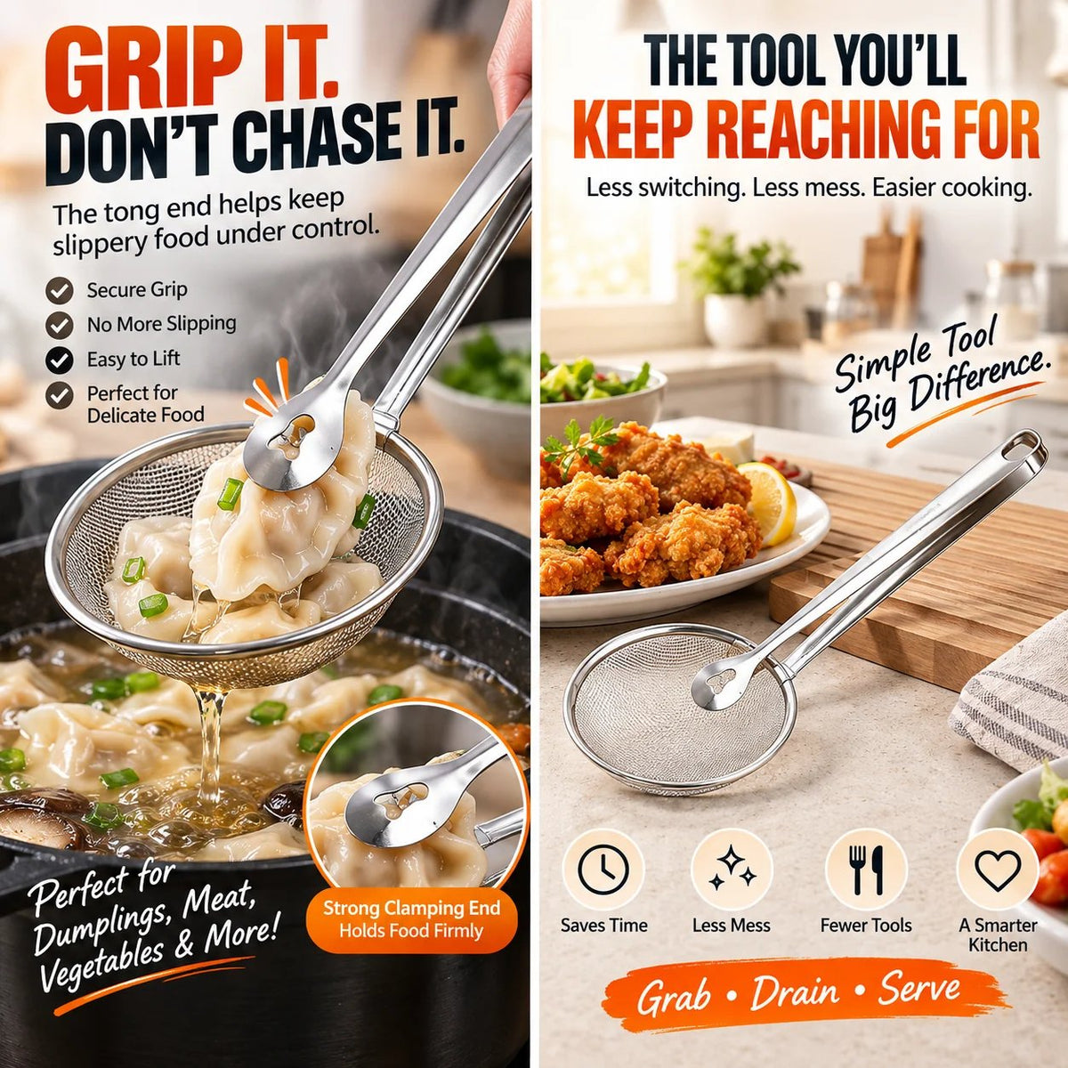 Tyiigoods™ 2-in-1 Stainless Steel Strainer Tongs – Grab, Drain & Serve with One Tool