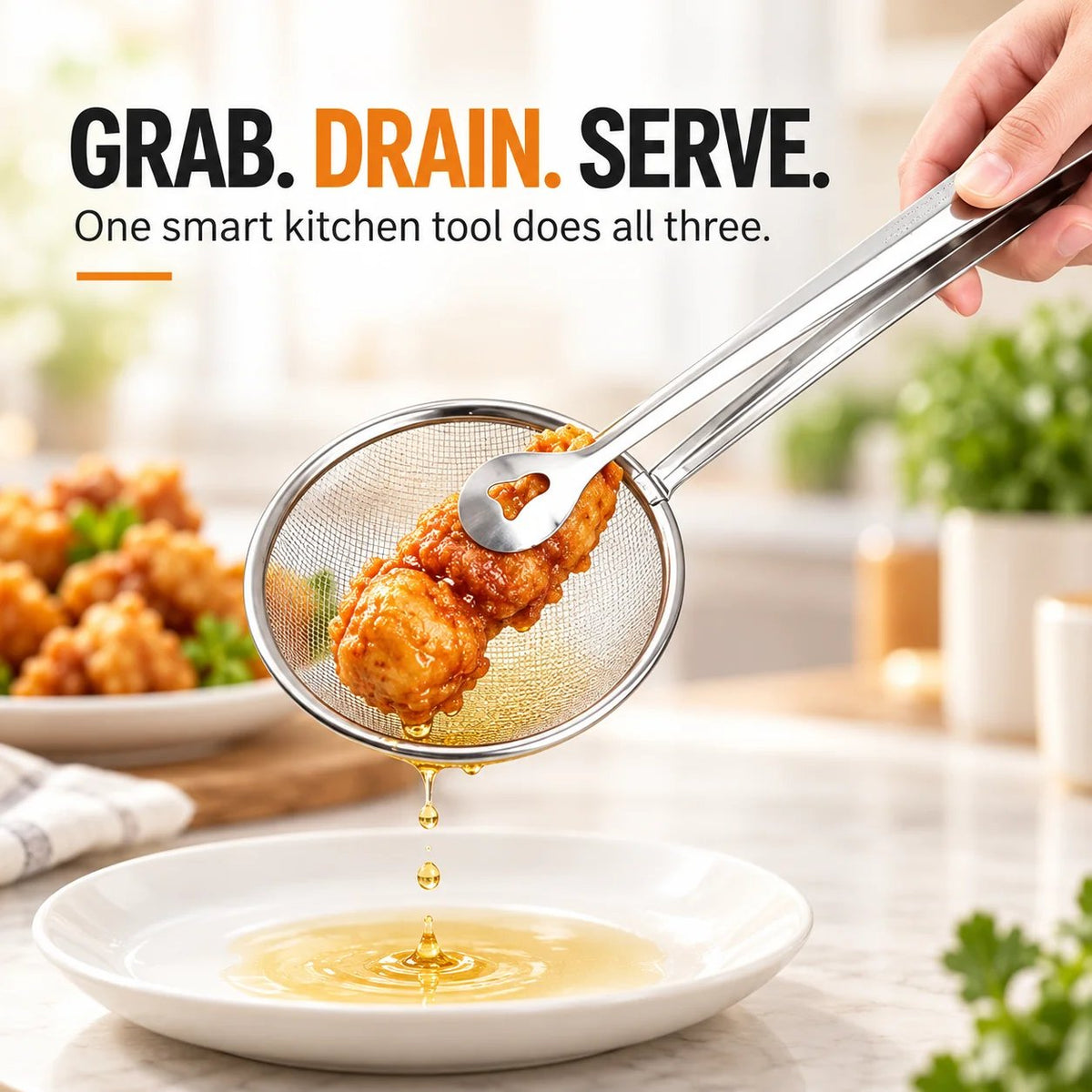 Tyiigoods™ 2-in-1 Stainless Steel Strainer Tongs – Grab, Drain & Serve with One Tool
