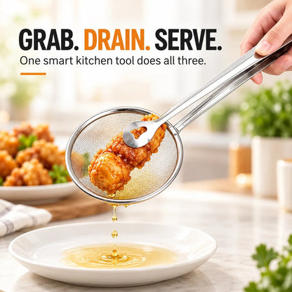 Tyiigoods™ 2-in-1 Stainless Steel Strainer Tongs – Grab, Drain & Serve with One Tool