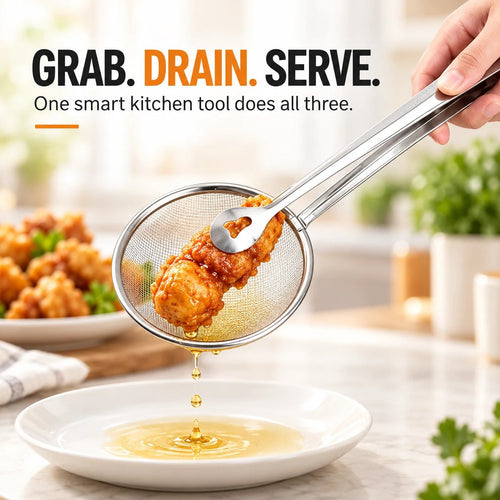 Tyiigoods™ 2-in-1 Stainless Steel Strainer Tongs – Grab, Drain & Serve with One Tool