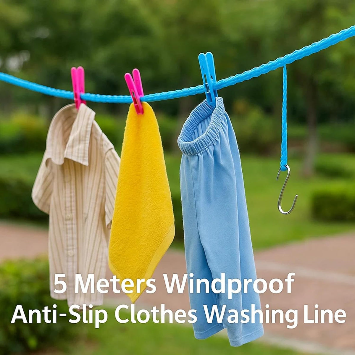 5M Windproof Anti-Slip Portable Clothesline with Hooks
