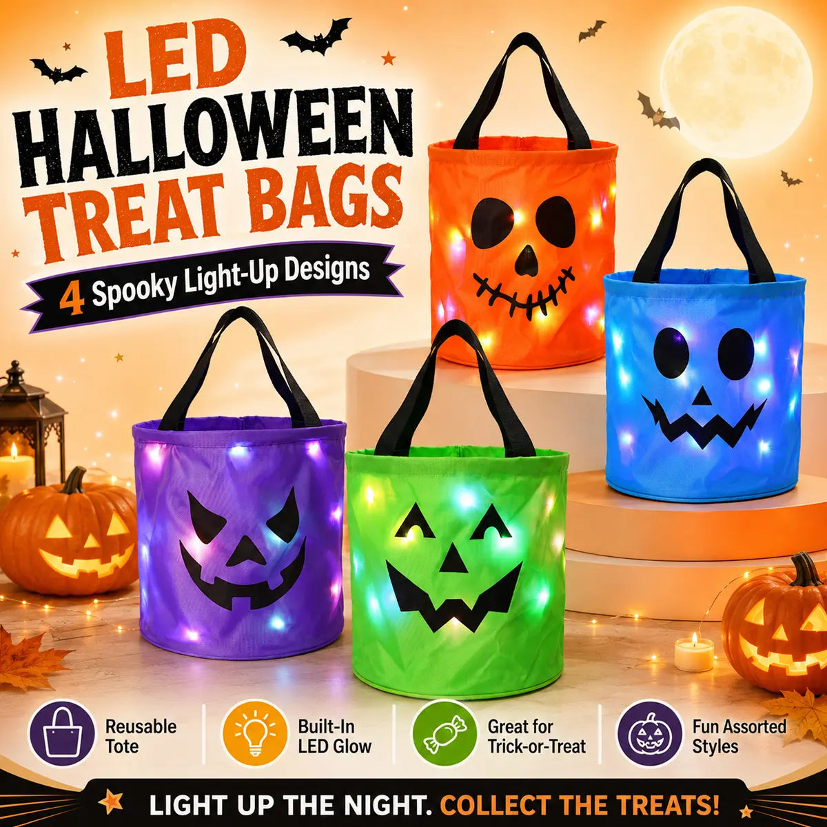 Glow-in-the-Dark Halloween Candy Buckets - LED Trick-or-Treat Bag