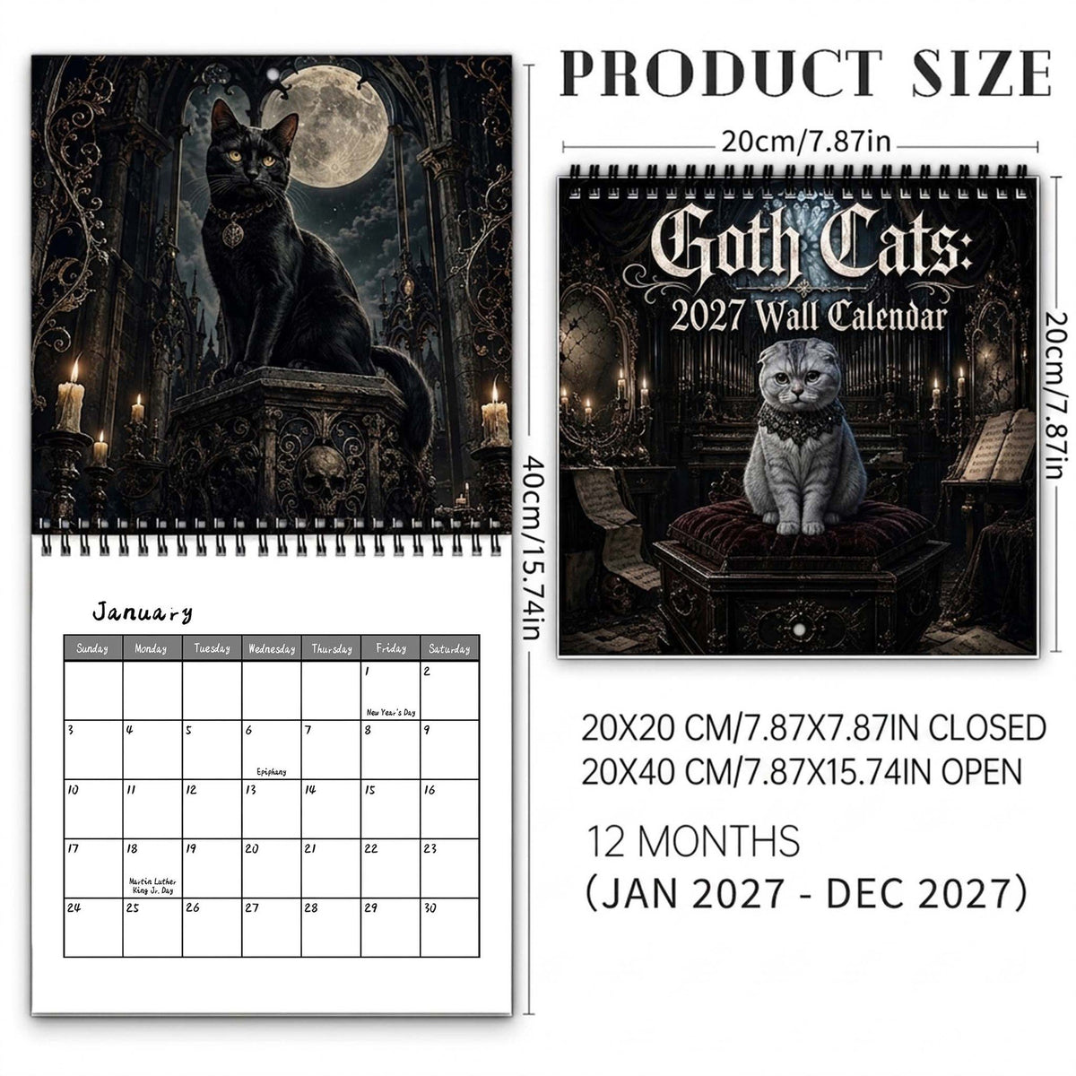 🐈‍⬛2027 Gothic Cat Wall Calendar – Dark & Mystical Cat Art Calendar for Home Decor & Cat Lovers
