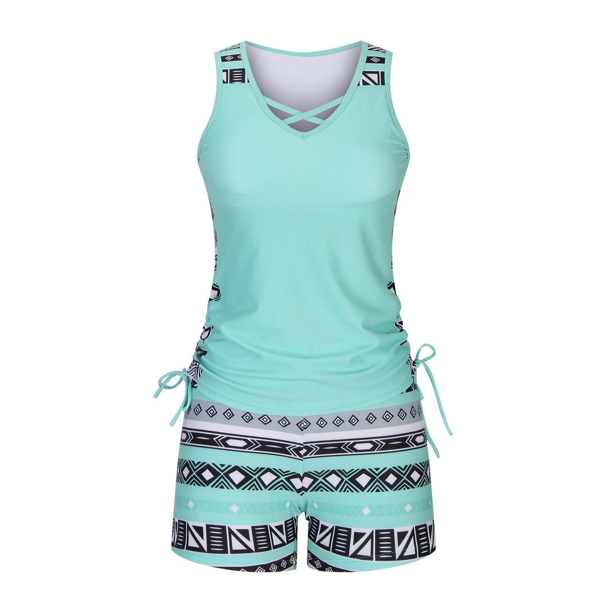 Women's Tummy Control Tankini Set with Built-In Bra – Flattering Boho Swimwear with Shorts