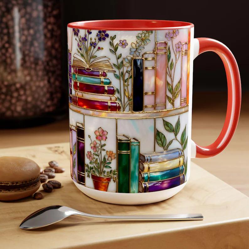 ☕📚Stained-Glass Ceramic Mug- Book Lover Gift, Floral Bookshelf Mug, Coffee & Tea Cup🌈