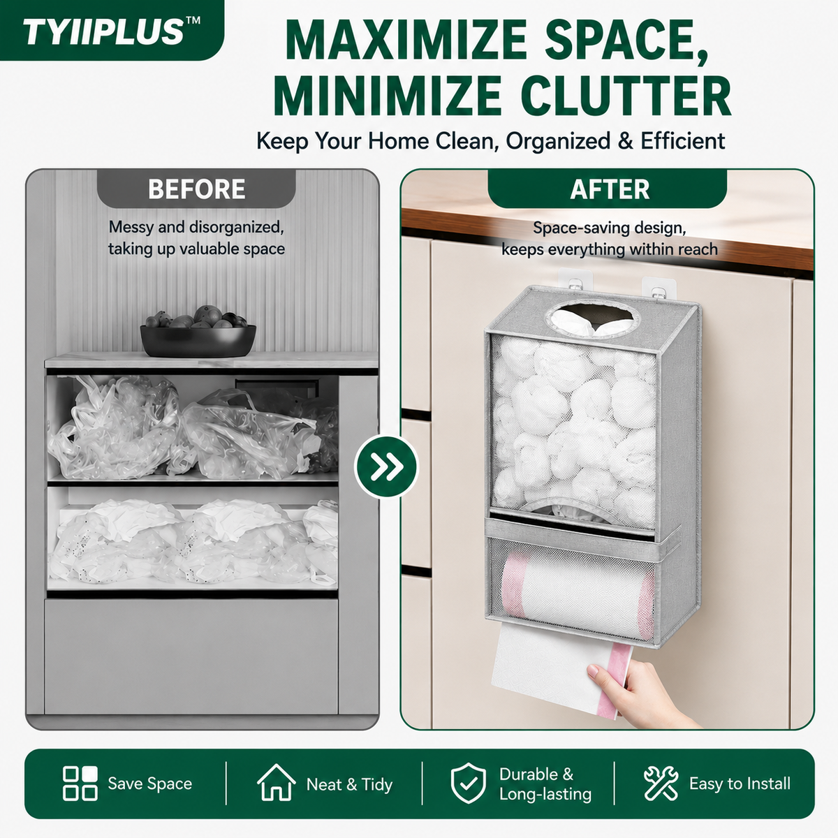 TYIIPLUS™ Wall-Mounted Plastic Bag Organizer & Trash Bag Dispenser