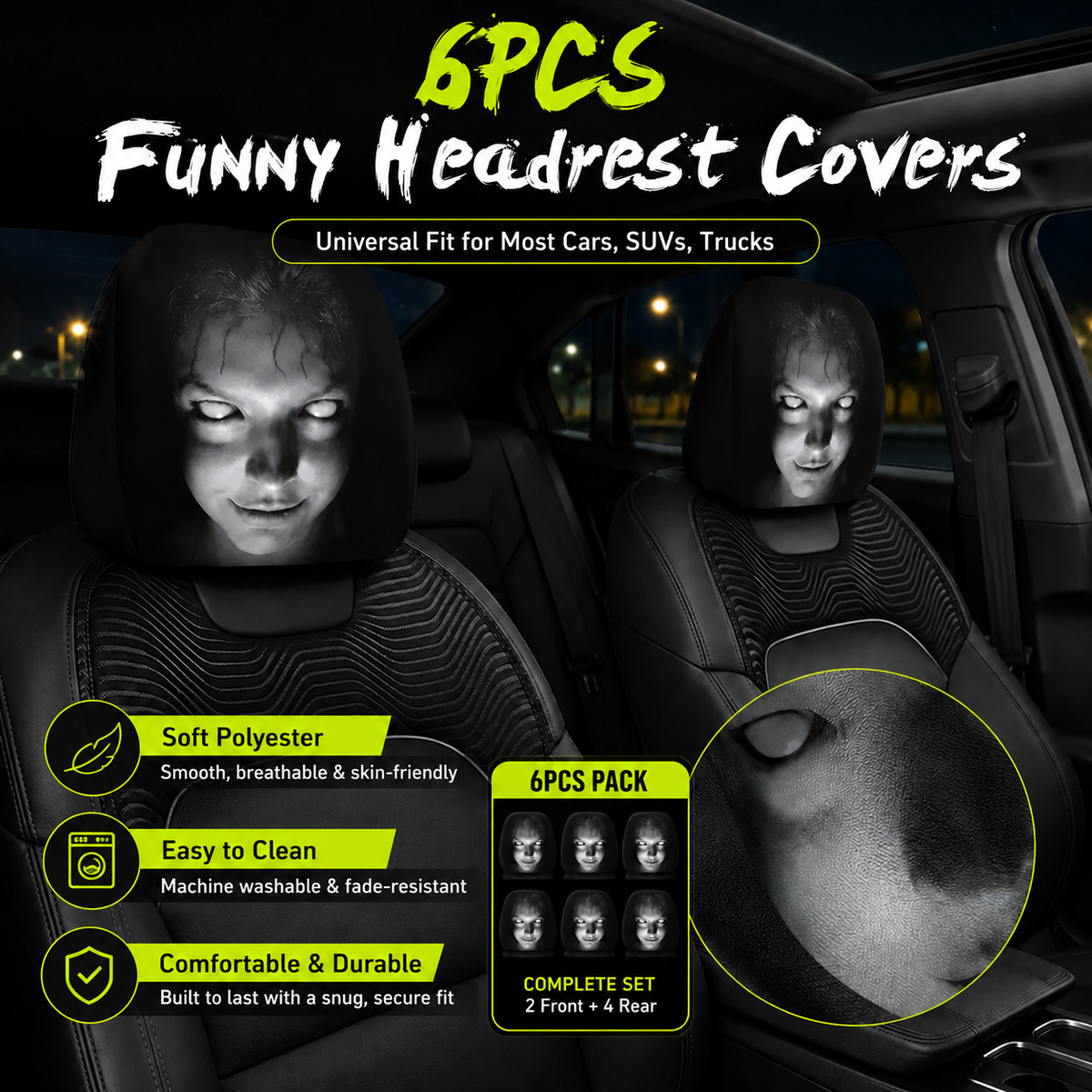 😆 Funny Cartoon Car Headrest Covers – 2PCS Universal Fit 🚗