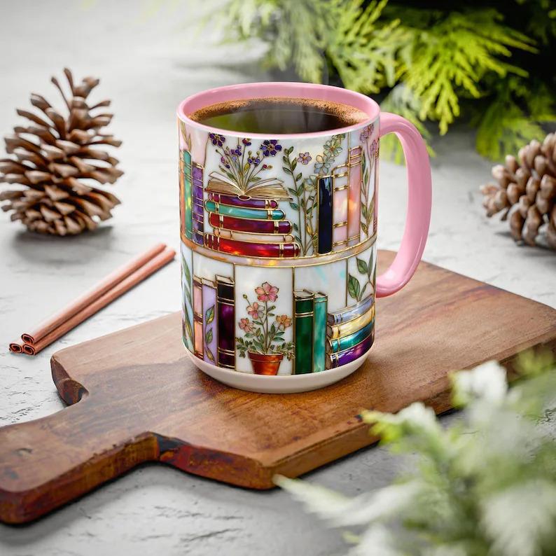 ☕📚Stained-Glass Ceramic Mug- Book Lover Gift, Floral Bookshelf Mug, Coffee & Tea Cup🌈